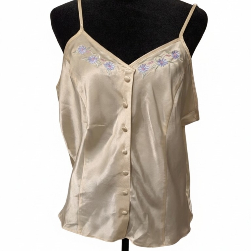 Vtg Inner Most Light Cream Yellow Satin Camisole XL Floral Coquette Top